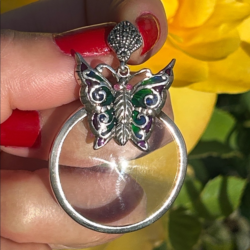 Sterling Silver Butterfly Magnifying Glass Pendant Ruby Eyes Green Blue Accents